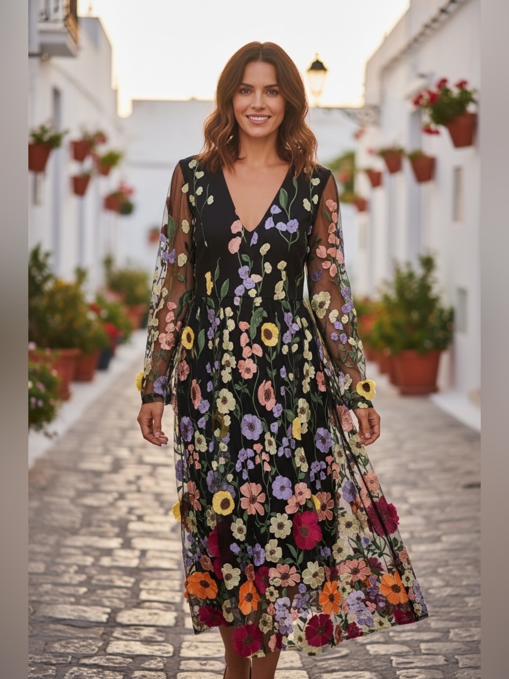 Lulus Black Floral Embroidered Sheer Sleeve Midi Dress Large - Picture 2 of 11